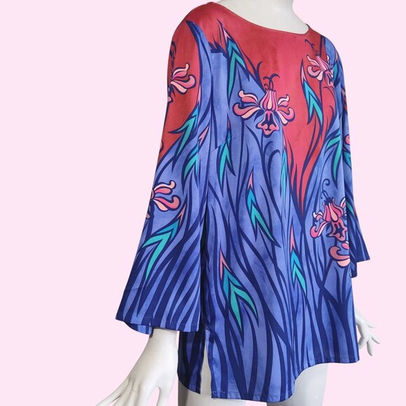 Bob Mackie Wearable Art Botanical Floral Fantasy Rust Periwinkle Tunic Top Sz M - Picture 3 of 8